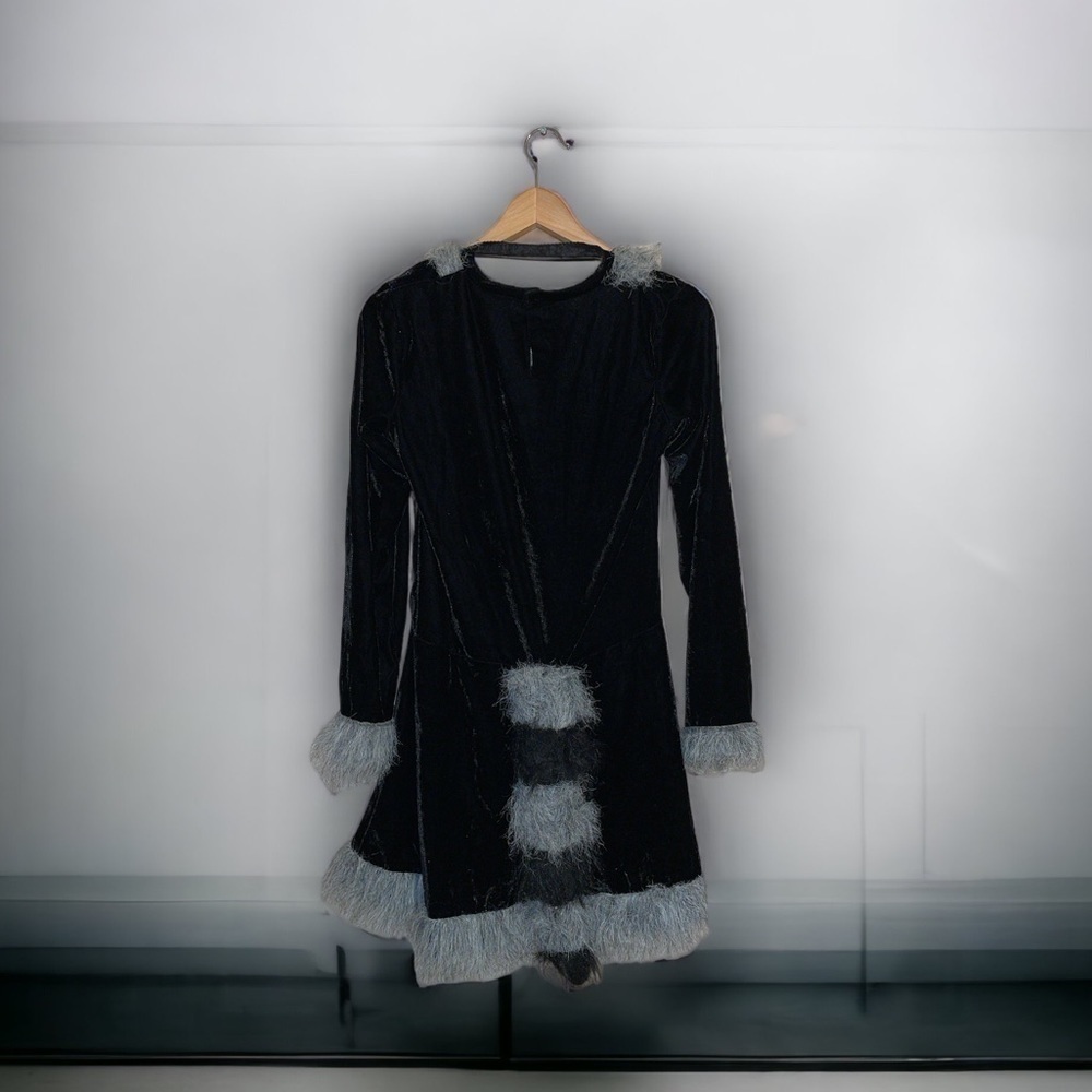 90s Black Cat Velvet Velour Quarter Sleeve Mini Dress Costume Plus Tail Size M/L - Picture 3 of 6
